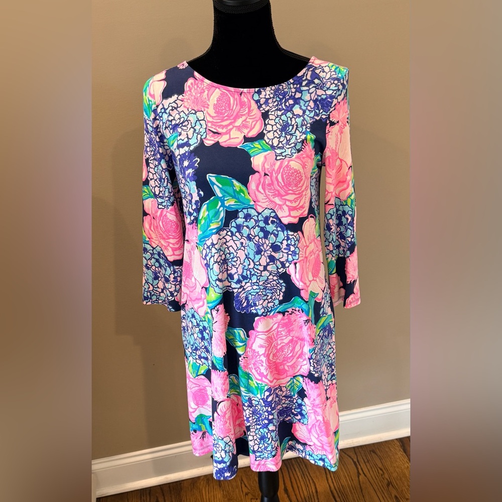 Women’s LILLY PULITZER Ophelia High Tide Navy Hey Hey Bouquet swing dress- Sz M - Picture 2 of 7
